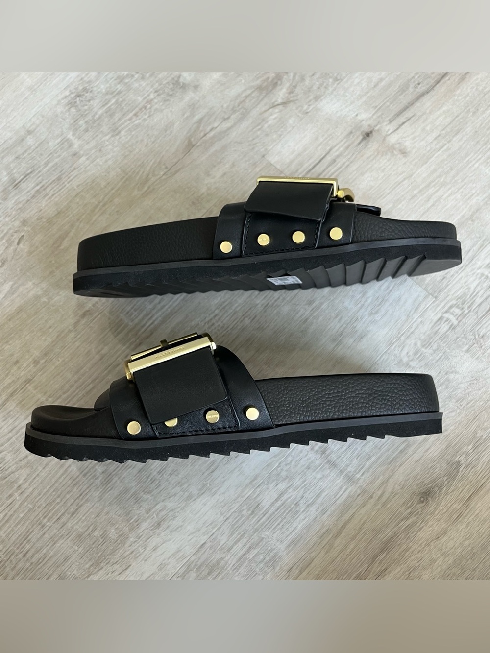 AllSaints Ellie Stud Slider Black Leather Gold Sandal Shoe 9 / EU 39 NWT NWOB - Picture 6 of 11